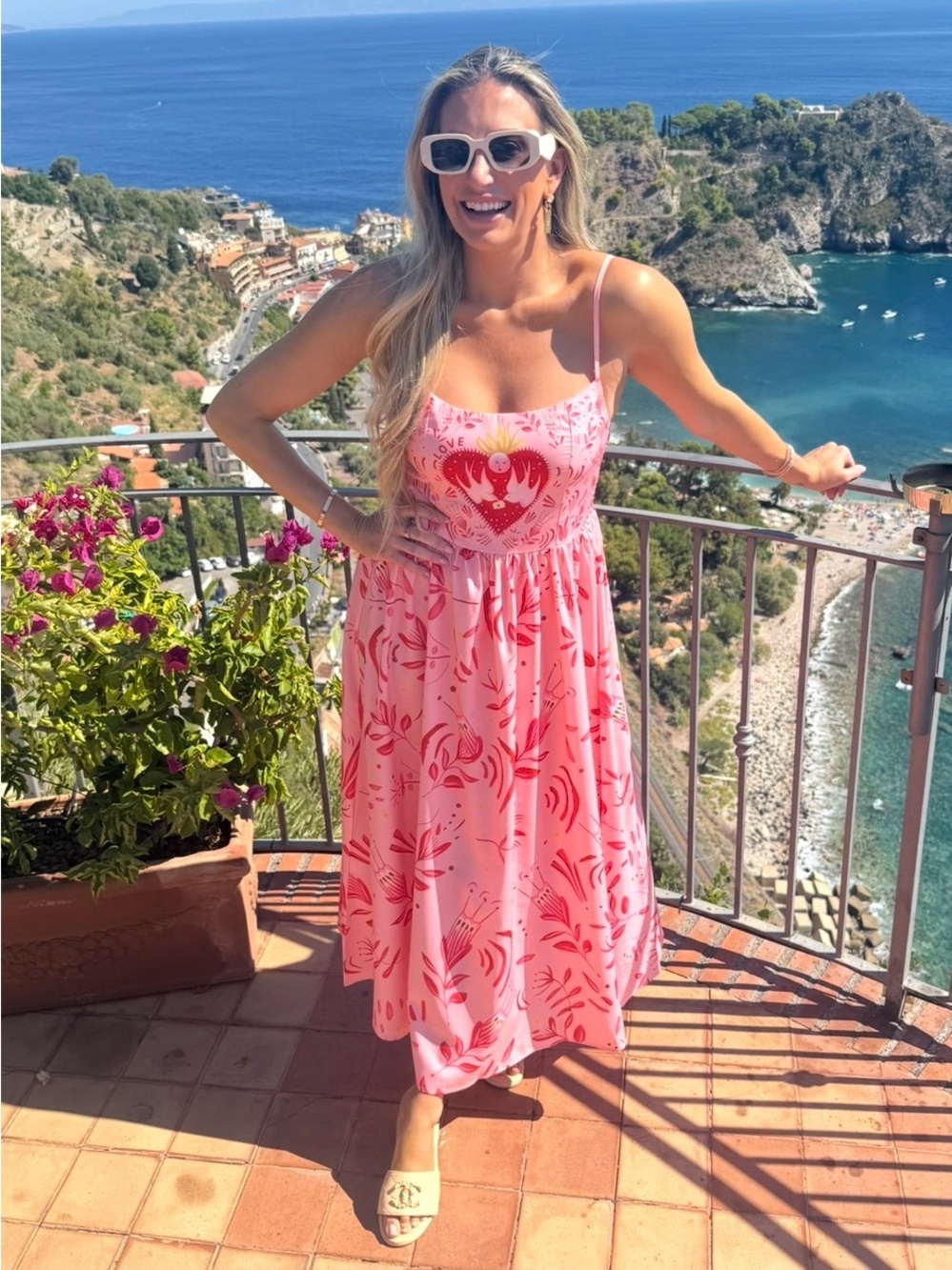Pink Floral Midi Dress with Heart Motif